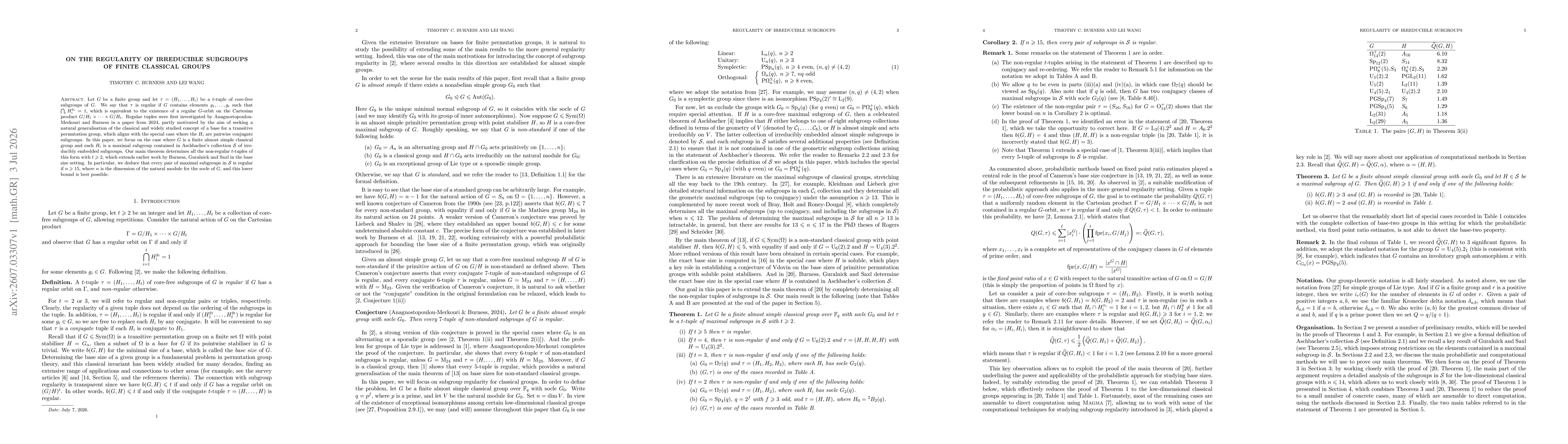 Thumbnail for On the regularity of irreducible subgroups of finite classical groups
