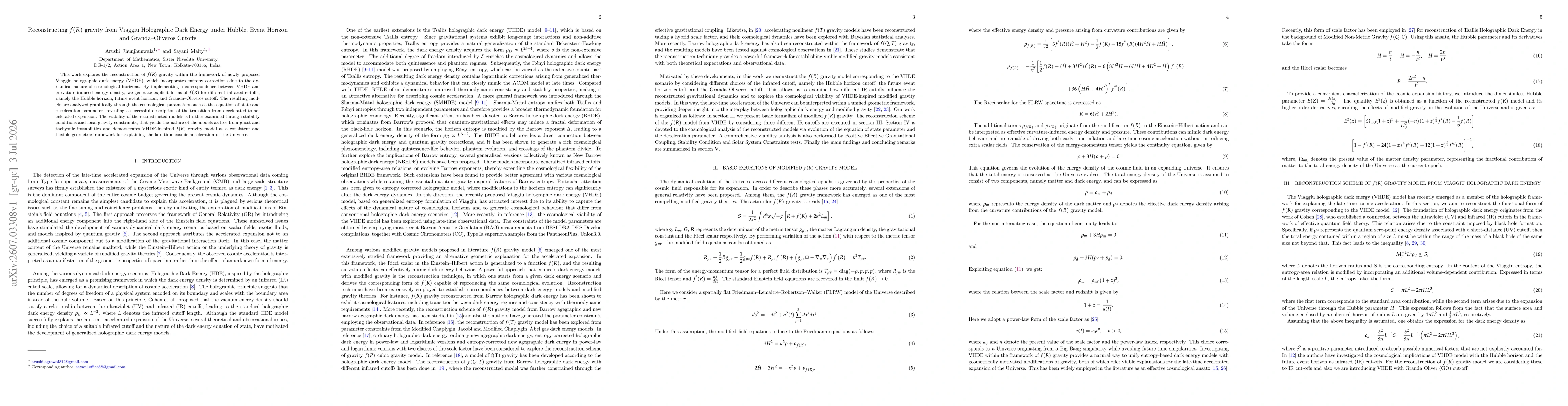 Thumbnail for Reconstructing $f(R)$ gravity from Viaggiu Holographic Dark Energy under Hubble, Event Horizon and Granda Oliveros cutoffs
