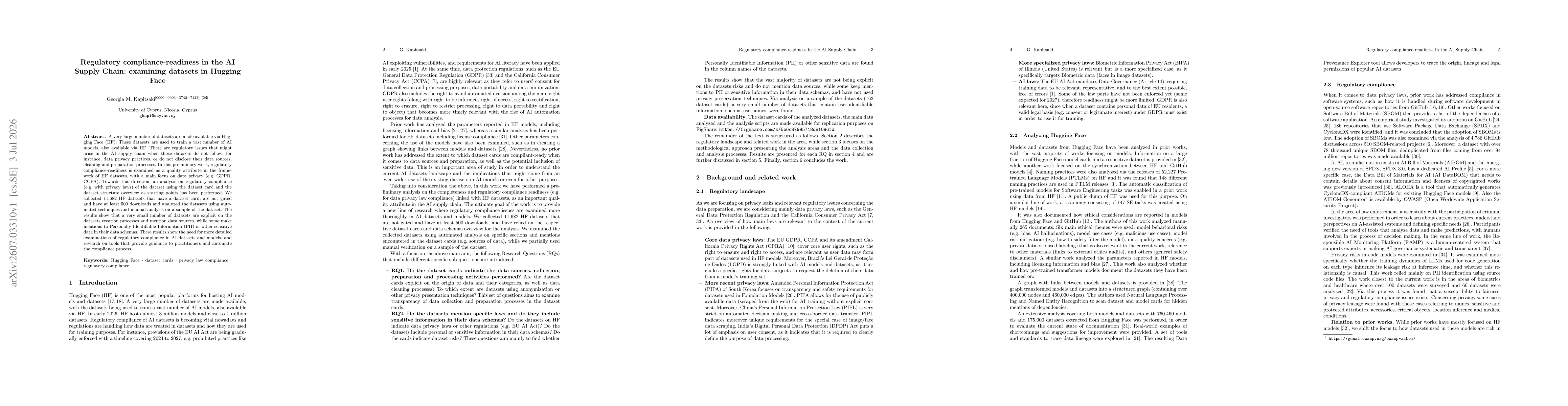 Thumbnail for Regulatory compliance-readiness in the AI Supply Chain: examining datasets in Hugging Face