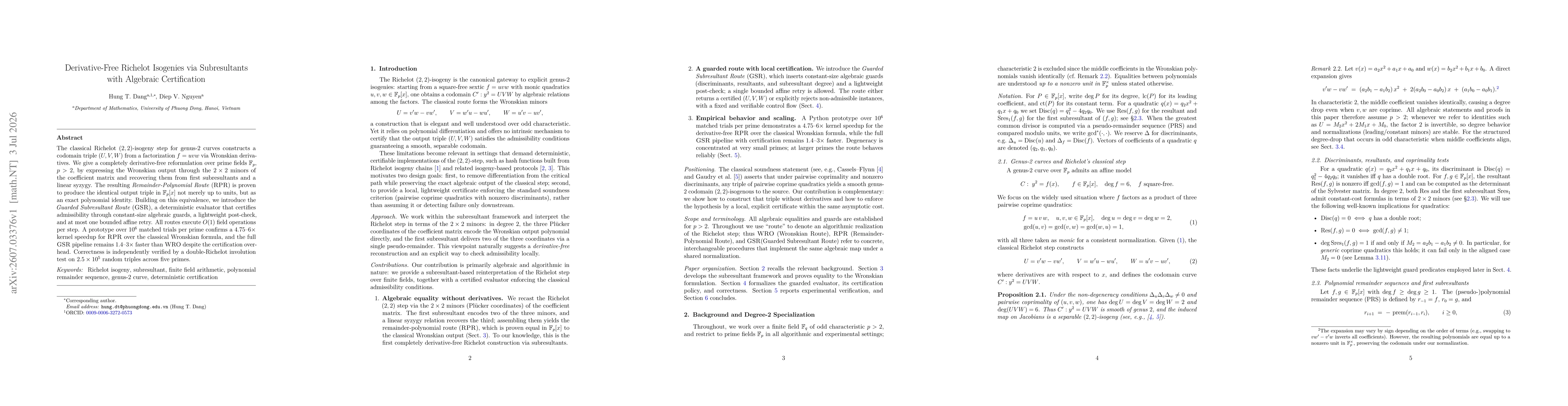 Thumbnail for Derivative-Free Richelot Isogenies via Subresultants with Algebraic Certification