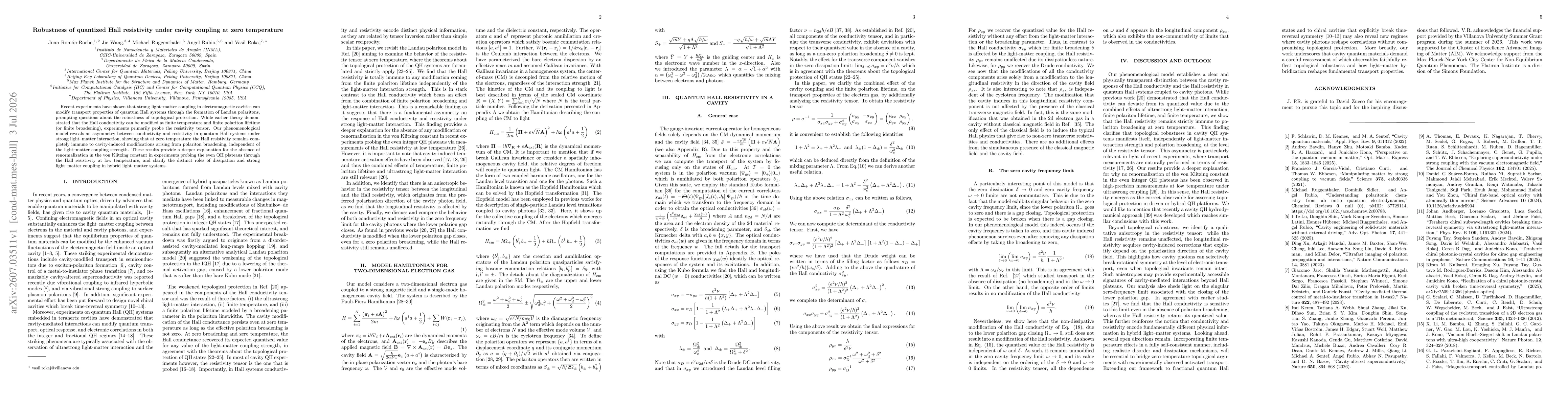 Thumbnail for Robustness of quantized Hall resistivity under cavity coupling at zero temperature