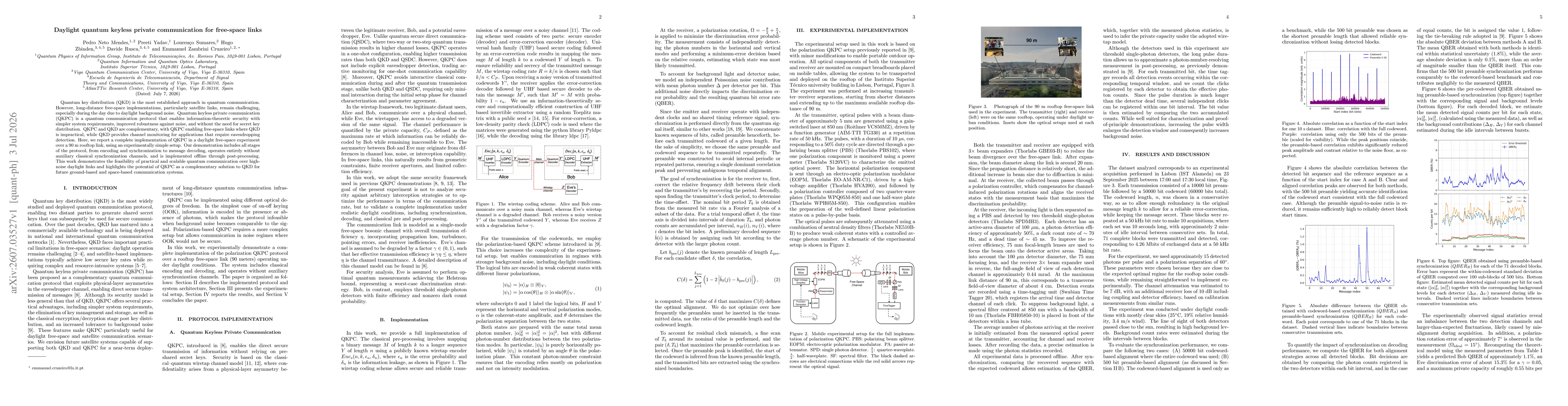 Thumbnail for Daylight quantum keyless private communication for free-space links
