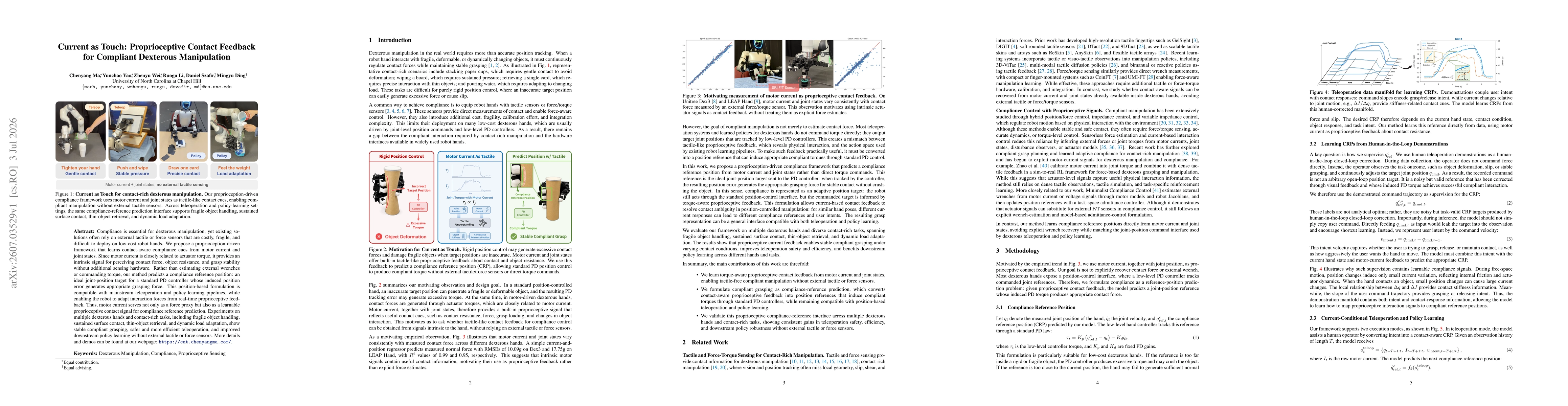 Thumbnail for Current as Touch: Proprioceptive Contact Feedback for Compliant Dexterous Manipulation