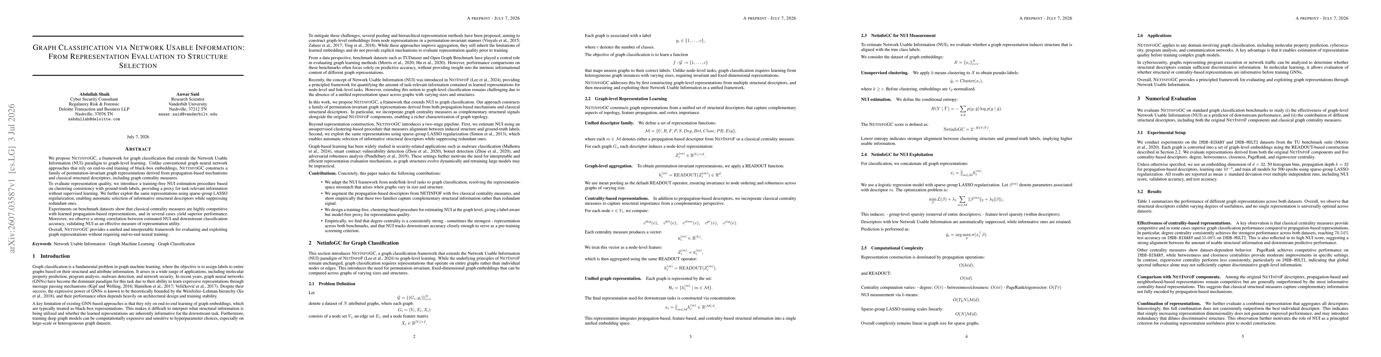 Thumbnail for Graph Classification via Network Usable Information: From Representation Evaluation to Structure Selection