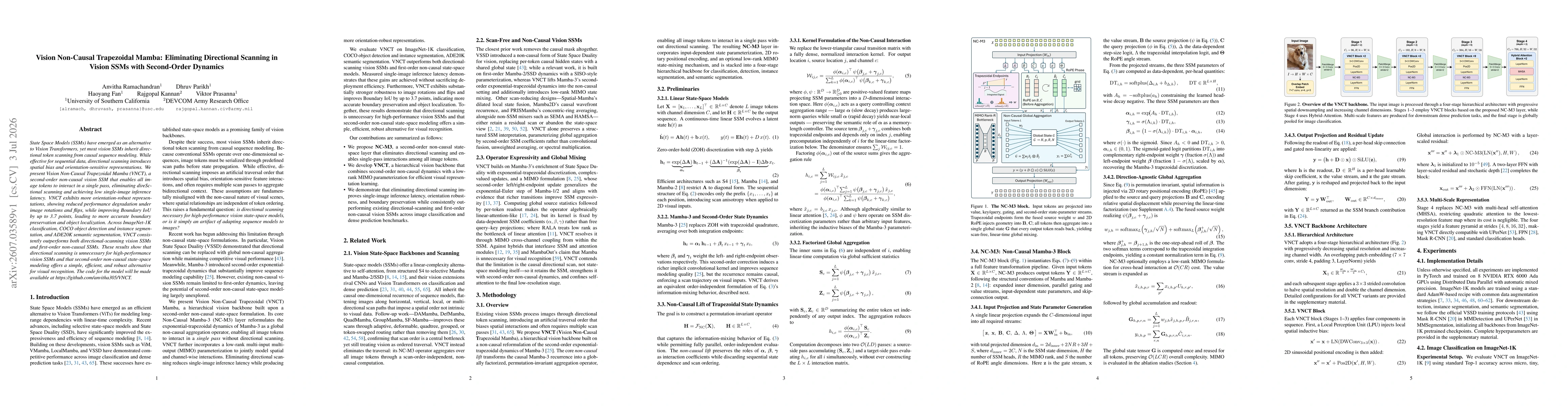 Thumbnail for Vision Non-Causal Trapezoidal Mamba: Eliminating Directional Scanning in Vision SSMs with Second-Order Dynamics