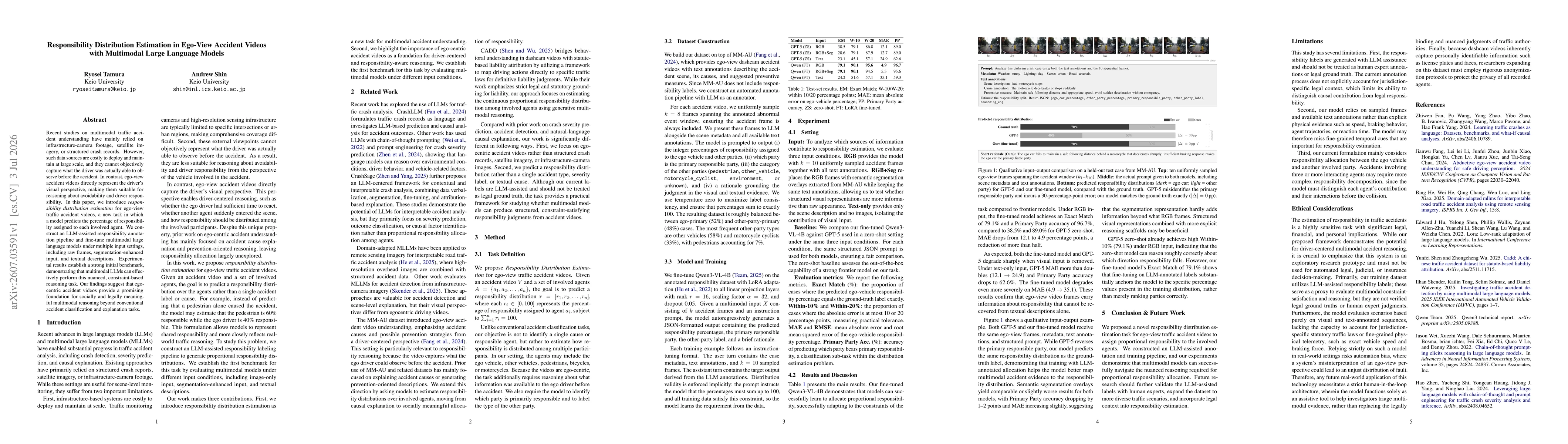 Thumbnail for Responsibility Distribution Estimation in Ego-View Accident Videos with Multimodal Large Language Models