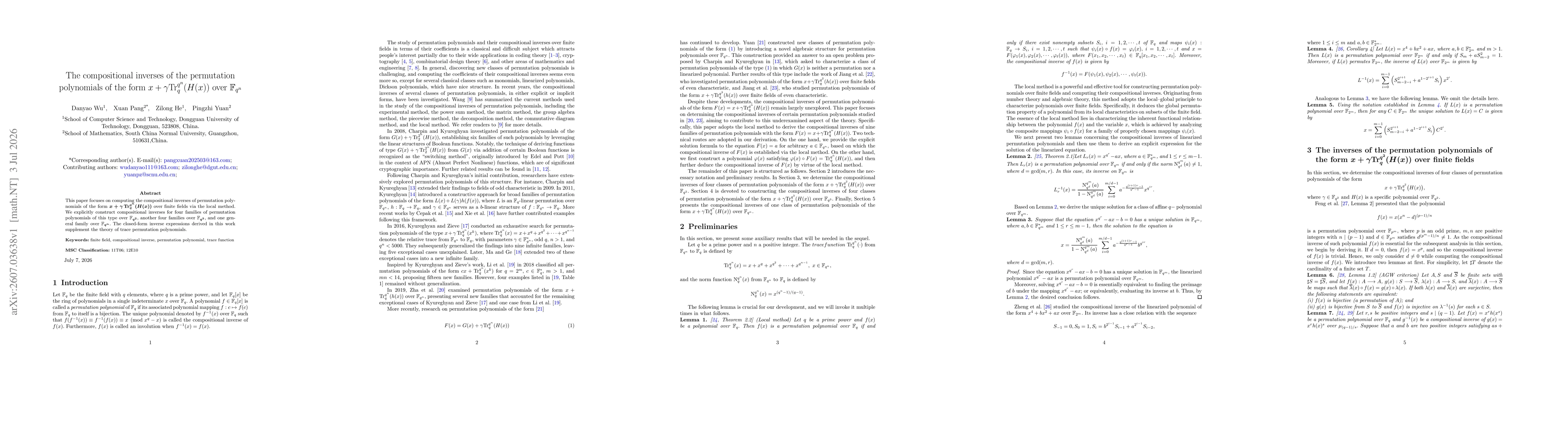 Thumbnail for The compositional inverses of the permutation polynomials of the form $x+γ\operatorname{Tr}_{q}^{q^n}(H(x))$ over $\mathbb{F}_{q^n}$
