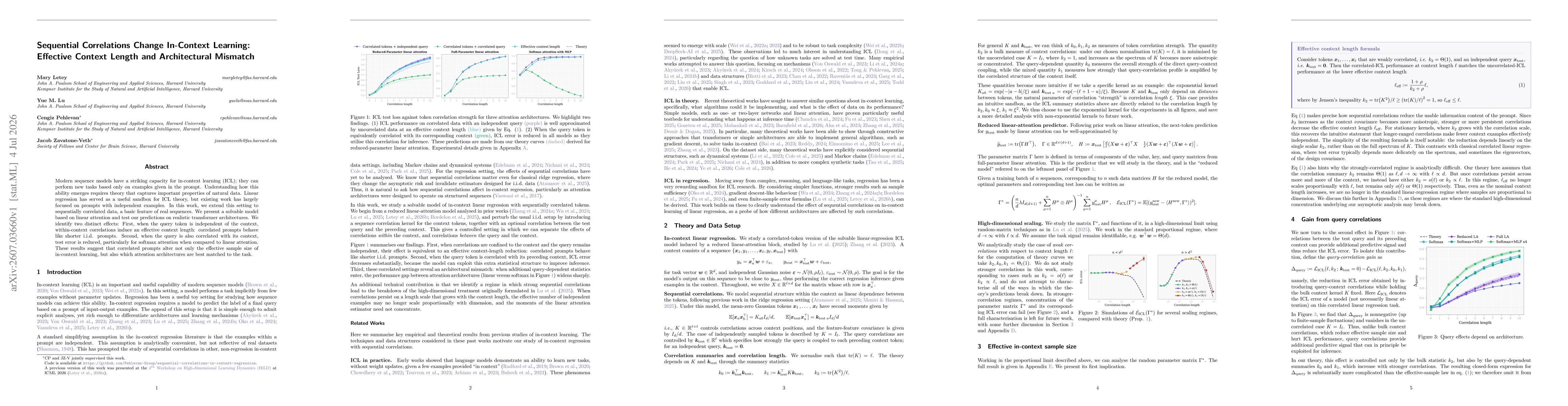 Thumbnail for Sequential Correlations Change In-Context Learning: Effective Context Length and Architectural Mismatch