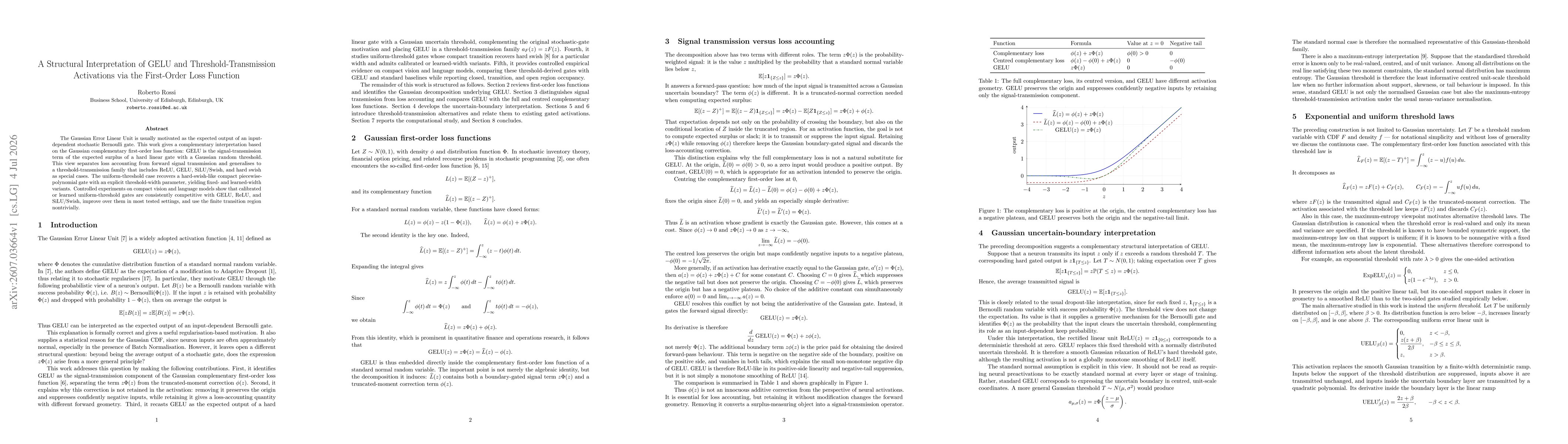 Thumbnail for A Structural Interpretation of GELU and Threshold-Transmission Activations via the First-Order Loss Function