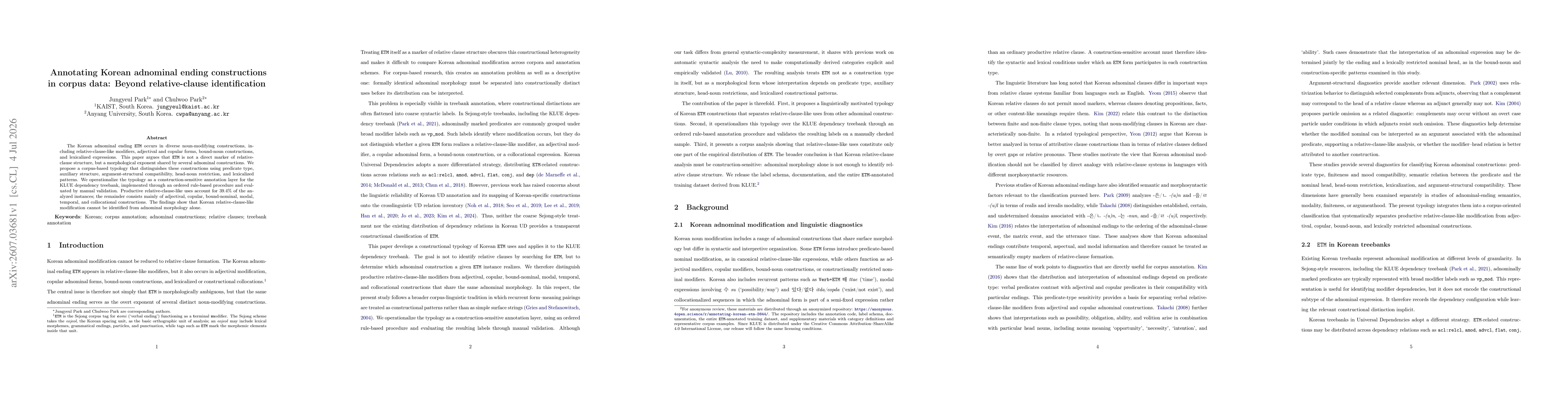 Thumbnail for Annotating Korean adnominal ending constructions in corpus data: Beyond relative-clause identification