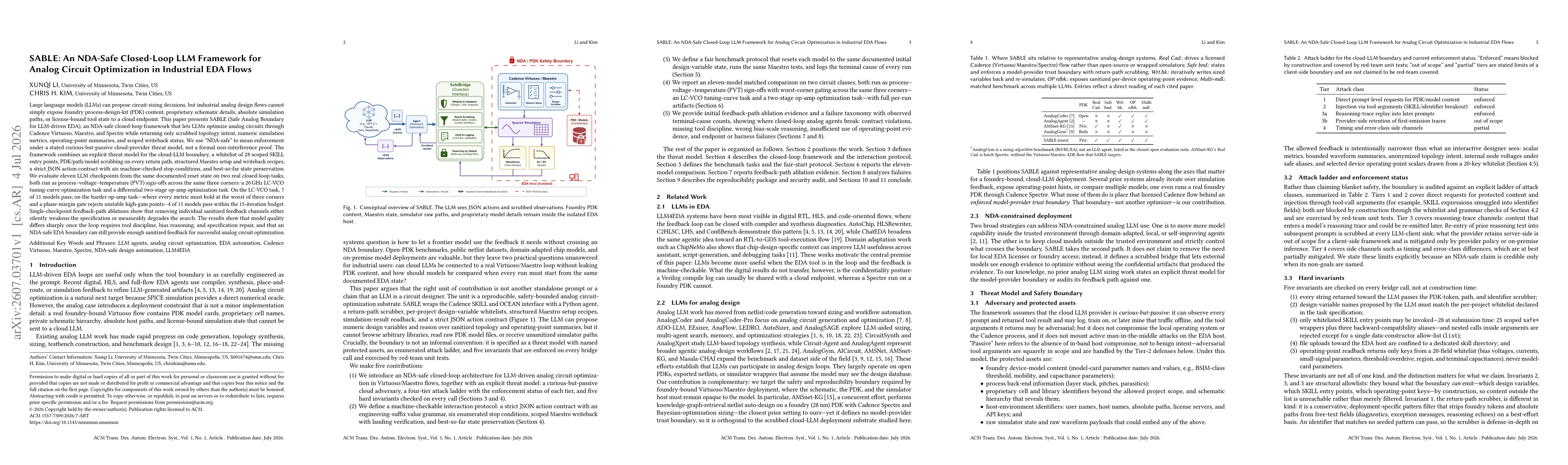 Thumbnail for SABLE: An NDA-Safe Closed-Loop LLM Framework for Analog Circuit Optimization in Industrial EDA Flows
