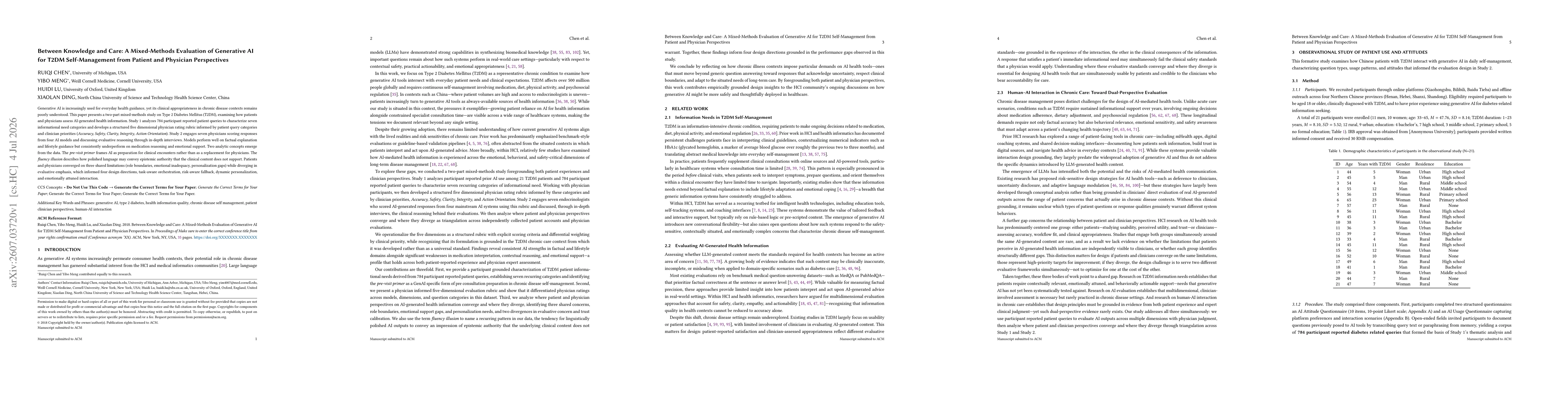 Thumbnail for Between Knowledge and Care: A Mixed-Methods Evaluation of Generative AI for T2DM Self-Management from Patient and Physician Perspectives