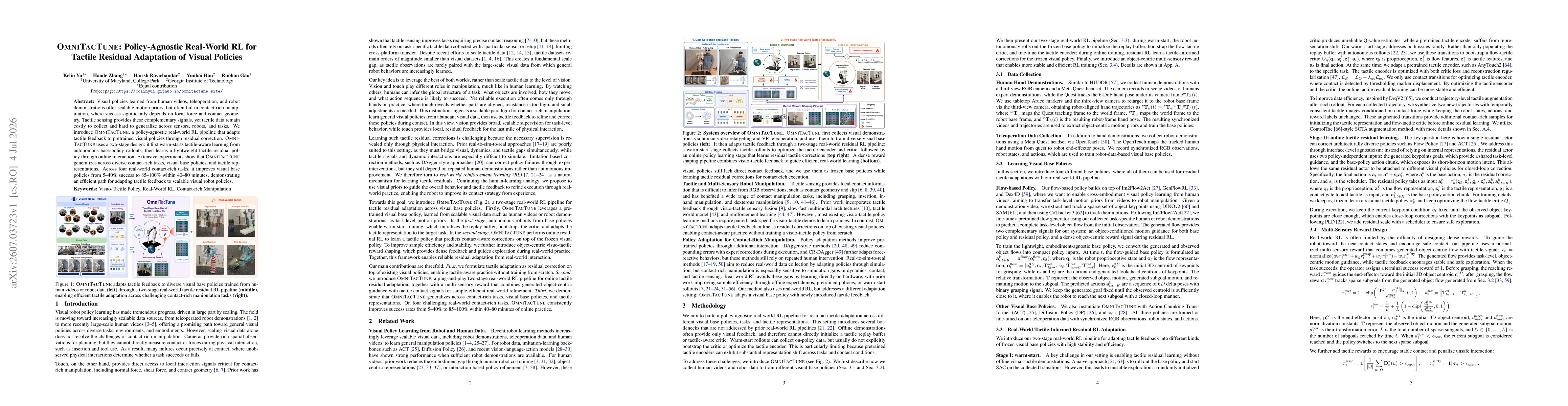 Thumbnail for OmniTacTune: Policy-Agnostic Real-World RL for Tactile Residual Adaptation of Visual Policies