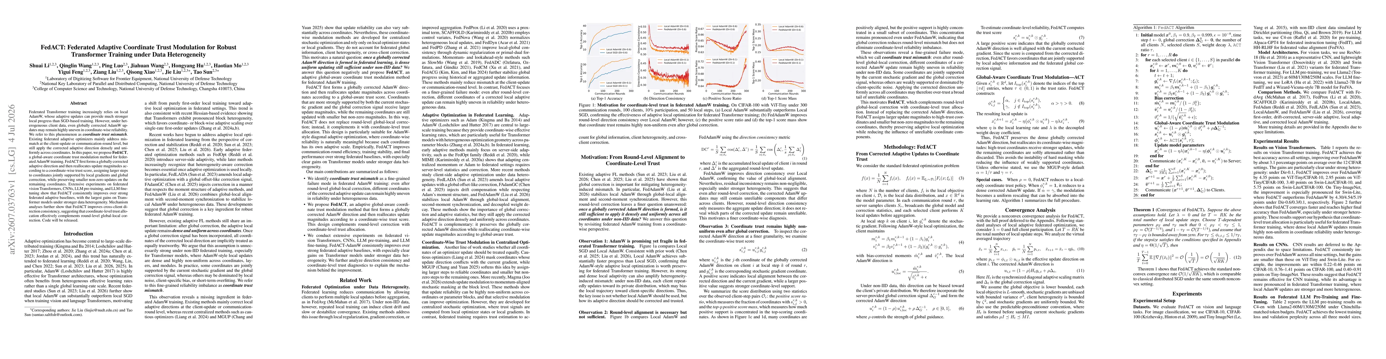 Thumbnail for FedACT: Federated Adaptive Coordinate Trust Modulation for Robust Transformer Training under Data Heterogeneity