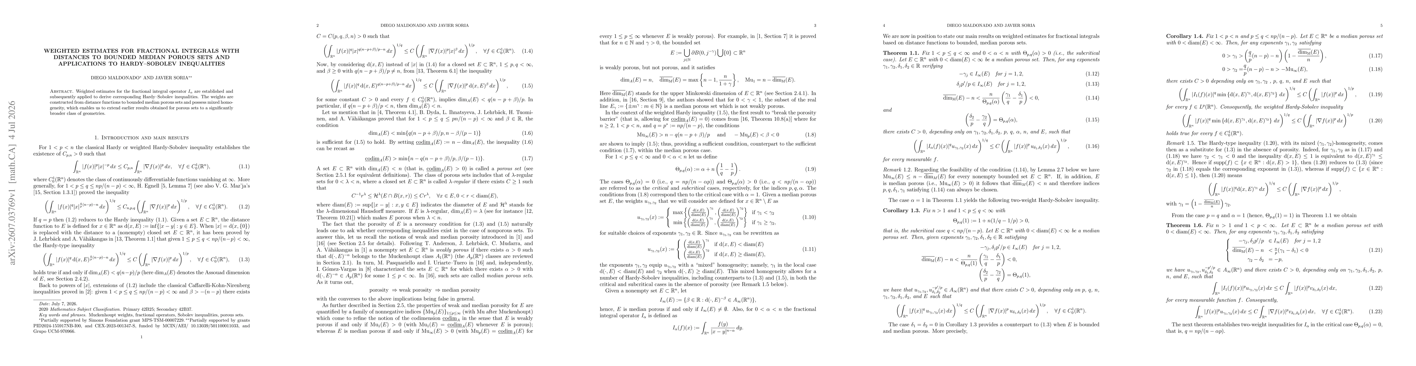 Thumbnail for Weighted estimates for fractional integrals with Distances to Bounded Median Porous Sets and applications to Hardy--Sobolev Inequalities