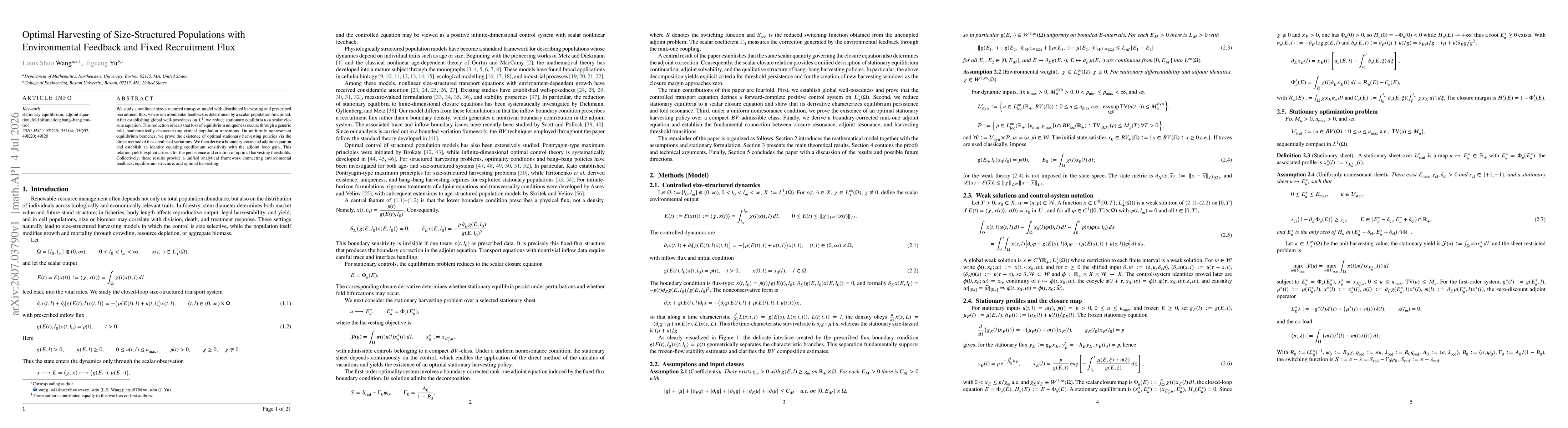 Thumbnail for Optimal Harvesting of Size-Structured Populations with Environmental Feedback and Fixed Recruitment Flux
