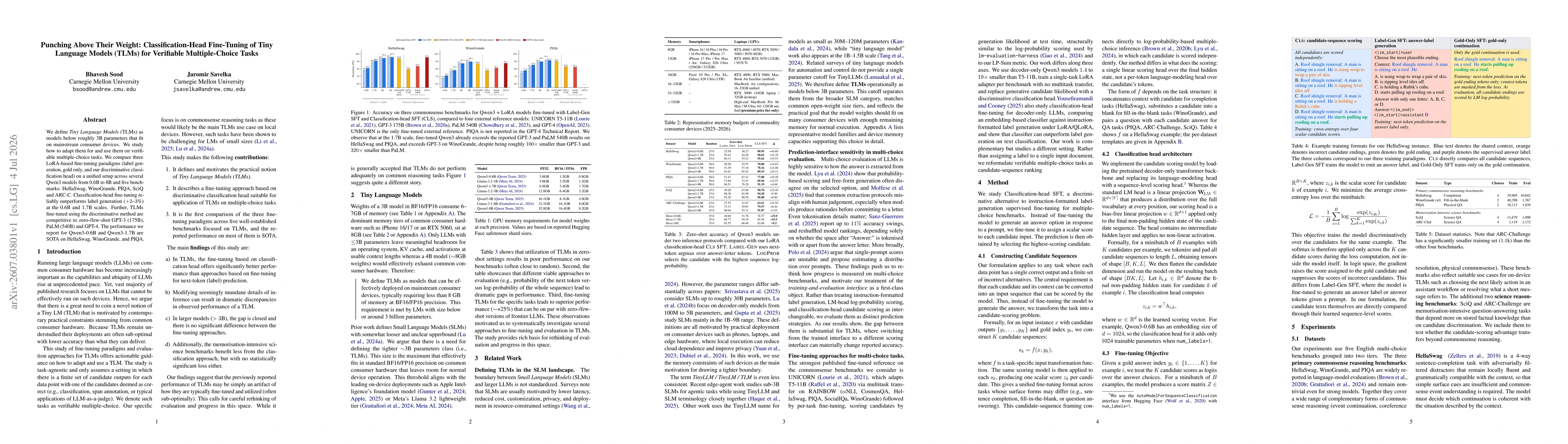 Thumbnail for Punching Above Their Weight: Classification-Head Fine-Tuning of Tiny Language Models (TLMs) for Verifiable Multiple-Choice Tasks