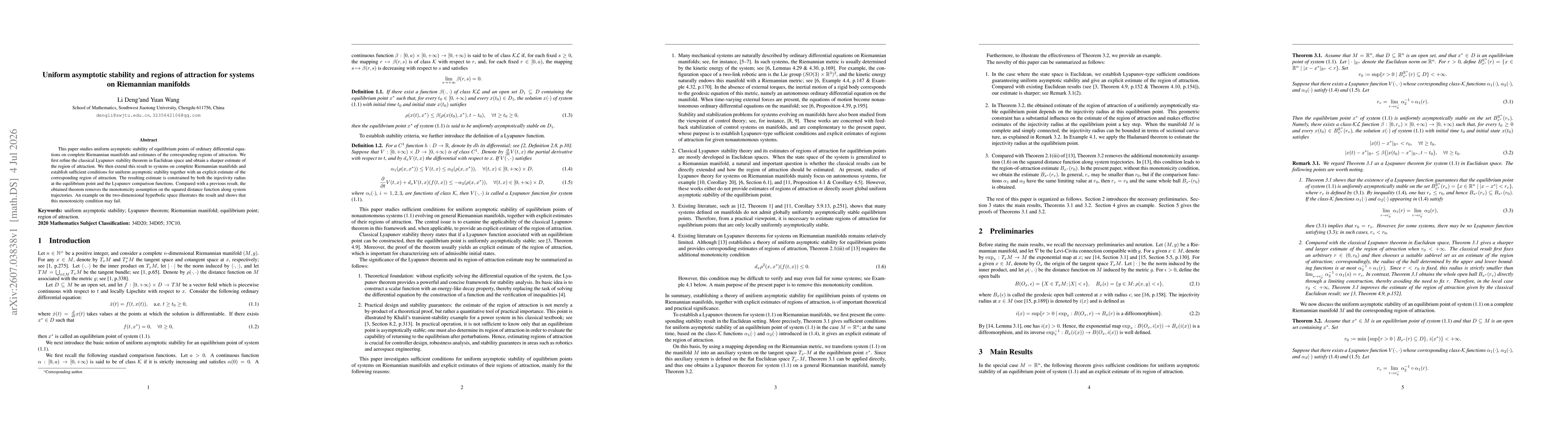 Thumbnail for Uniform asymptotic stability and regions of attraction for systems on Riemannian manifolds