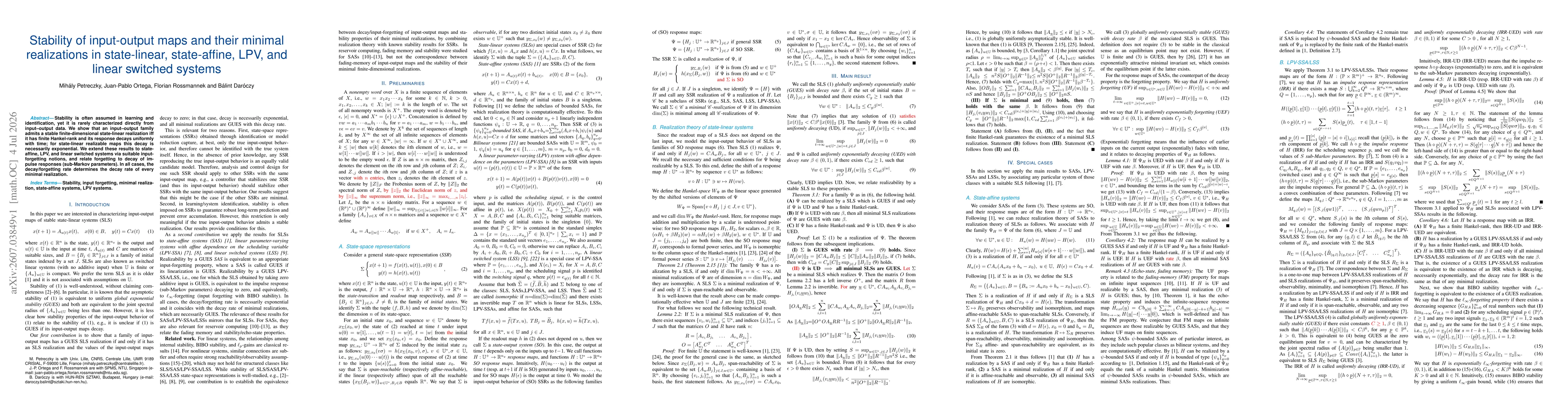 Thumbnail for Stability of input-output maps and their minimal realizations in state-linear, state-affine, LPV, and linear switched systems