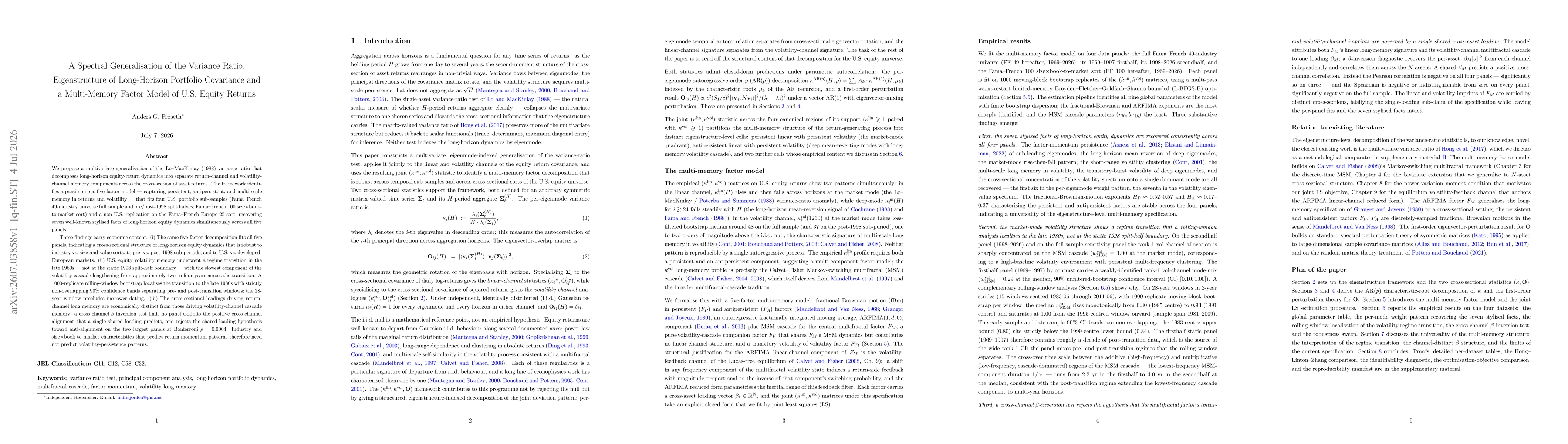 Thumbnail for A Spectral Generalisation of the Variance Ratio: Eigenstructure of Long-Horizon Portfolio Covariance and a Multi-Memory Factor Model of U.S. Equity Returns