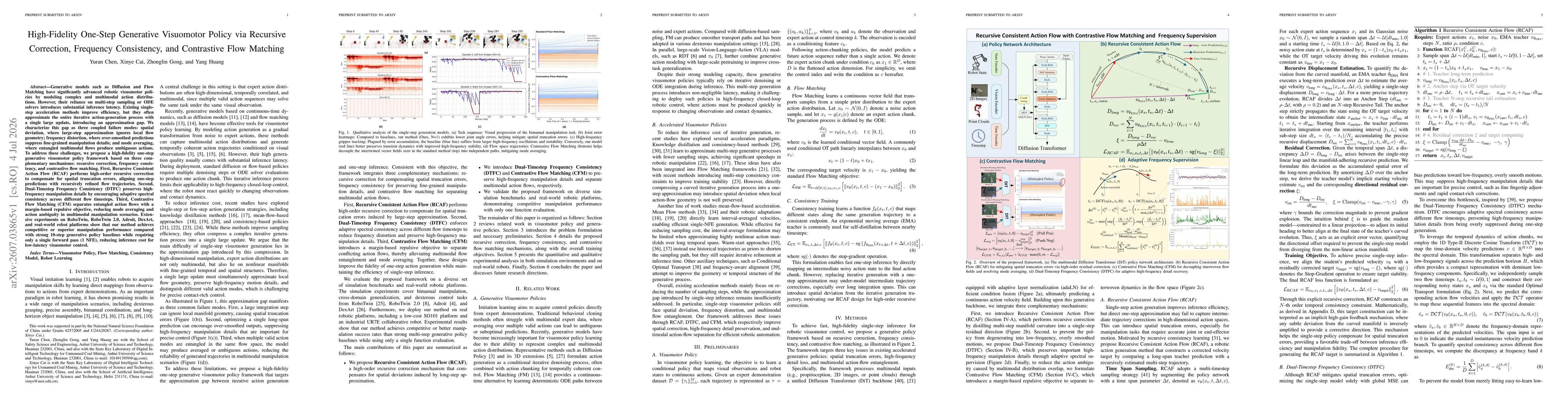 Thumbnail for High-Fidelity One-Step Generative Visuomotor Policy via Recursive Correction, Frequency Consistency, and Contrastive Flow Matching