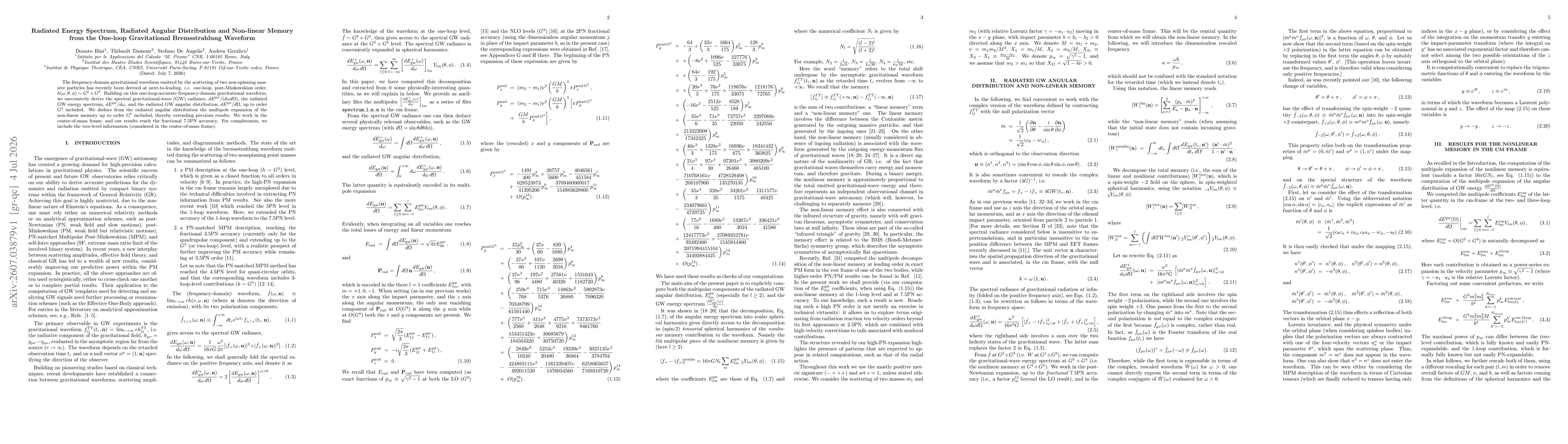 Thumbnail for Radiated Energy Spectrum, Radiated Angular Distribution and Non-linear Memory from the One-loop Gravitational Bremsstrahlung Waveform