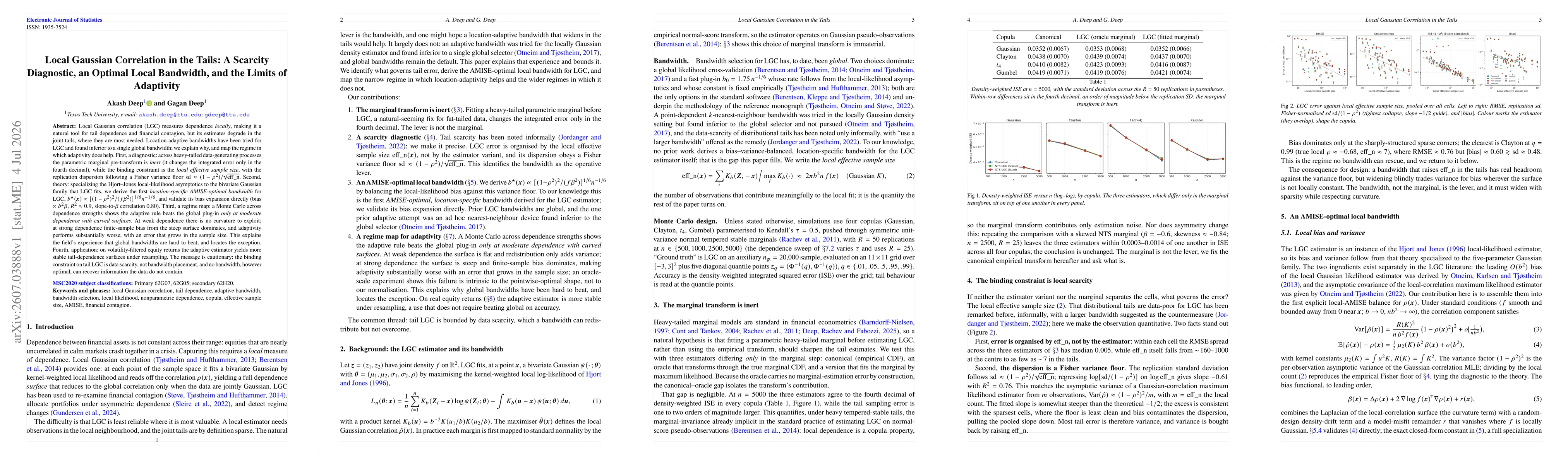 Thumbnail for Local Gaussian Correlation in the Tails: A Scarcity Diagnostic, an Optimal Local Bandwidth, and the Limits of Adaptivity