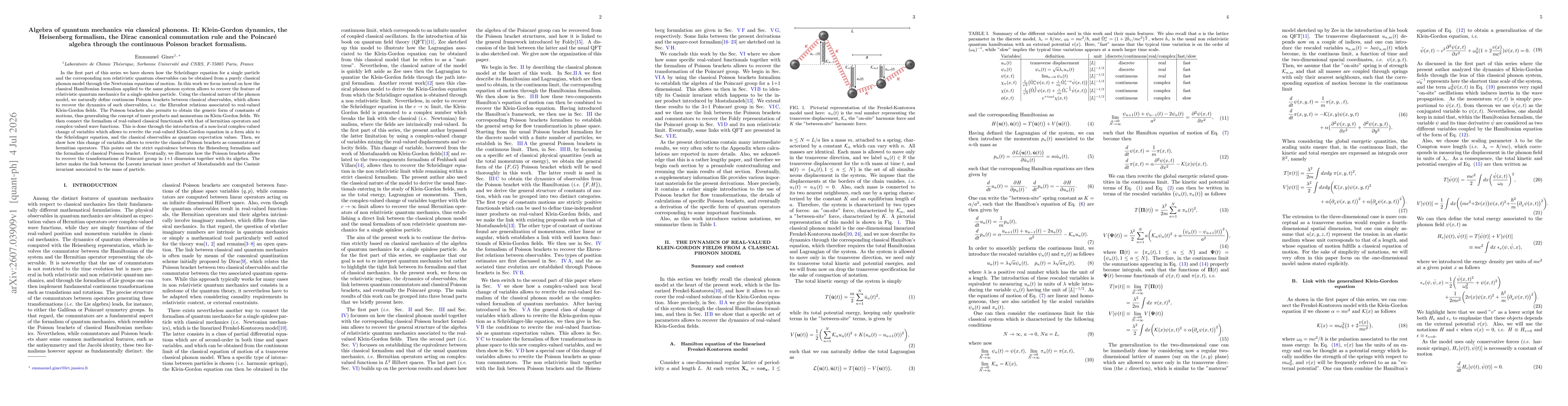 Thumbnail for Algebra of quantum mechanics \textit{via} classical phonons. II: Klein-Gordon dynamics, the Heisenberg formalism, the Dirac canonical commutation rule and the Poincaré algebra through the continuous Poisson bracket formalism