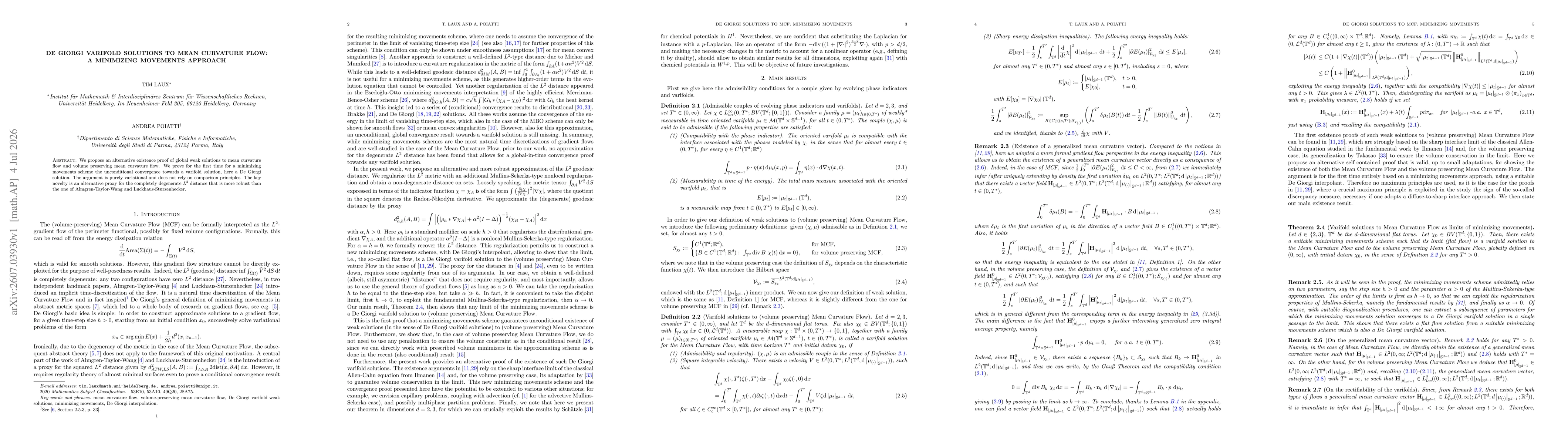 Thumbnail for De Giorgi varifold solutions to Mean Curvature Flow: a minimizing movements approach