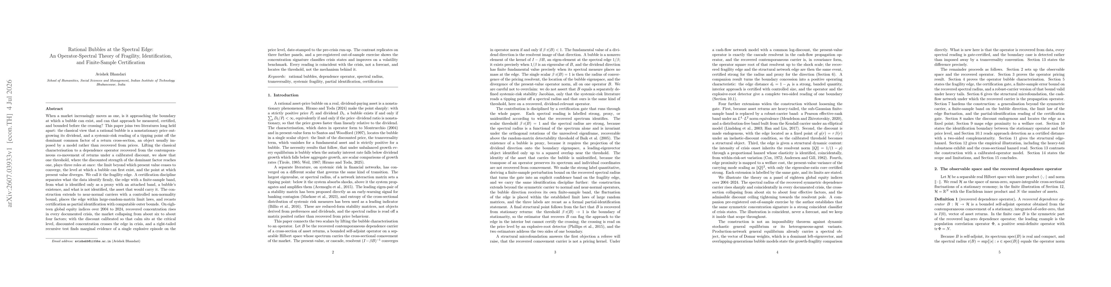 Thumbnail for Rational Bubbles at the Spectral Edge: An Operator-Spectral Theory of Fragility, Identification and Finite-Sample Certification