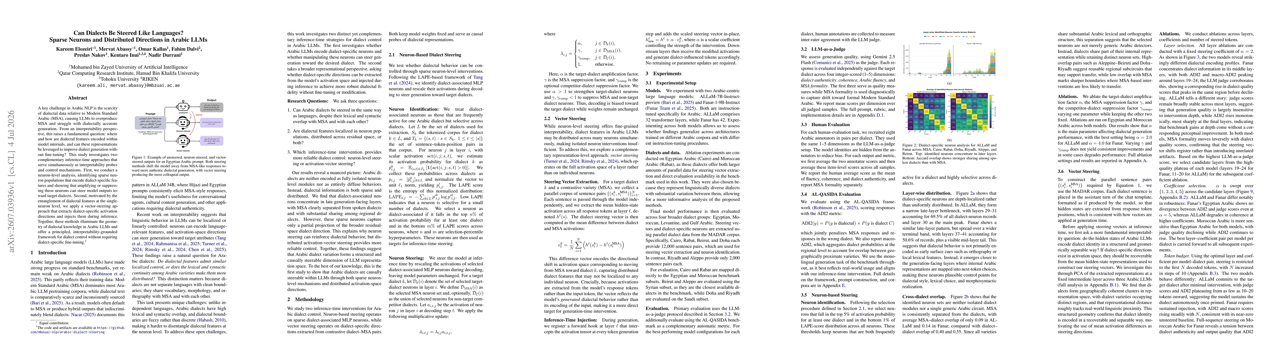 Thumbnail for Can Dialects Be Steered Like Languages? Sparse Neurons and Distributed Directions in Arabic LLMs