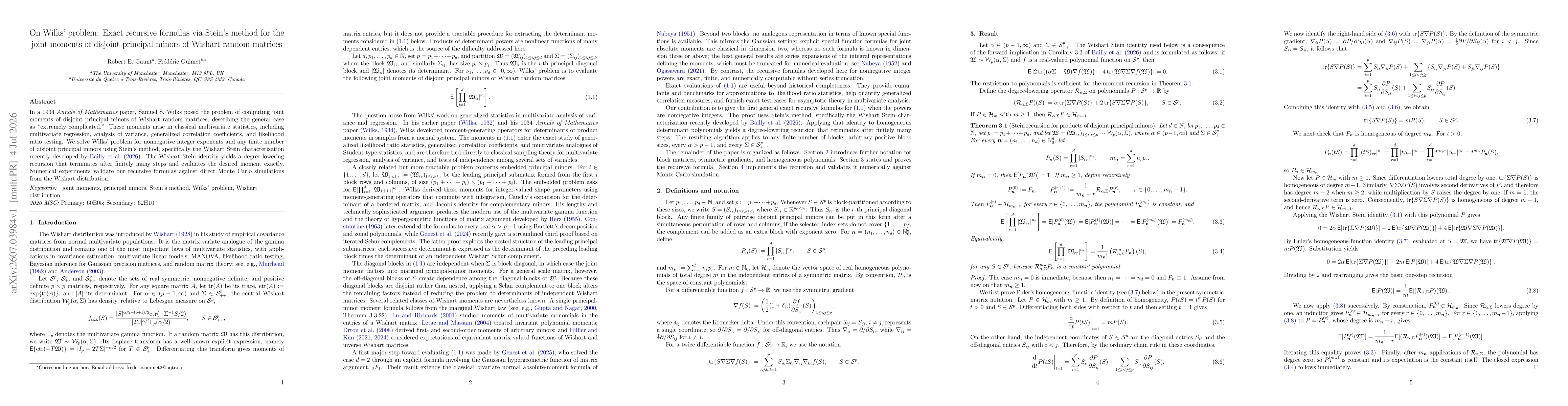 Thumbnail for On Wilks' problem: Exact recursive formulas via Stein's method for the joint moments of disjoint principal minors of Wishart random matrices