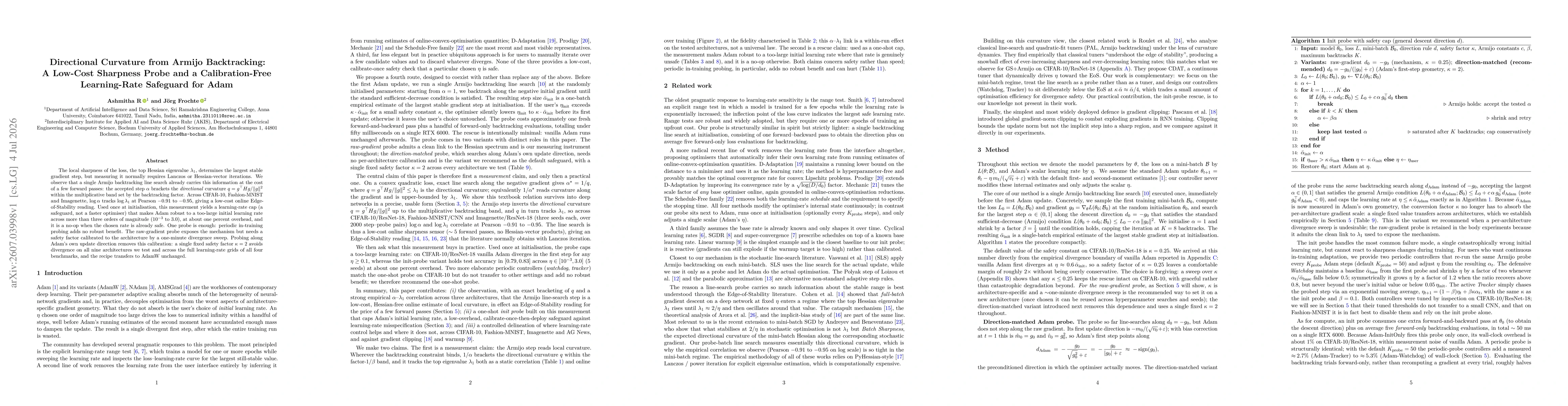 Thumbnail for Directional Curvature from Armijo Backtracking: A Low-Cost Sharpness Probe and a Calibration-Free Learning-Rate Safeguard for Adam