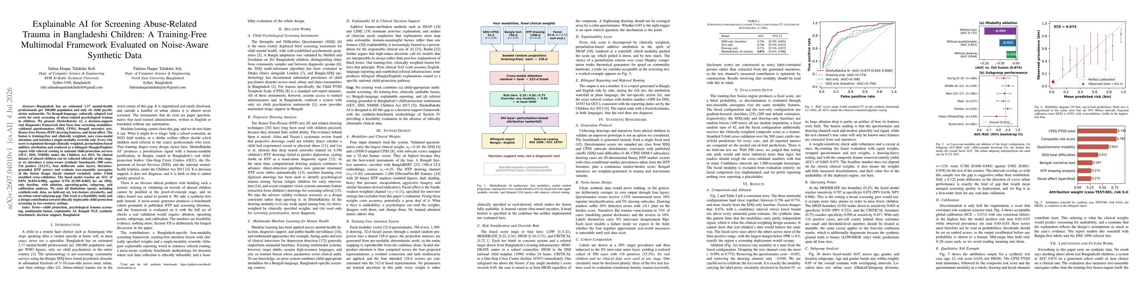 Thumbnail for Explainable AI for Screening Abuse-Related Trauma in Bangladeshi Children: A Training-Free Multimodal Framework Evaluated on Noise-Aware Synthetic Data