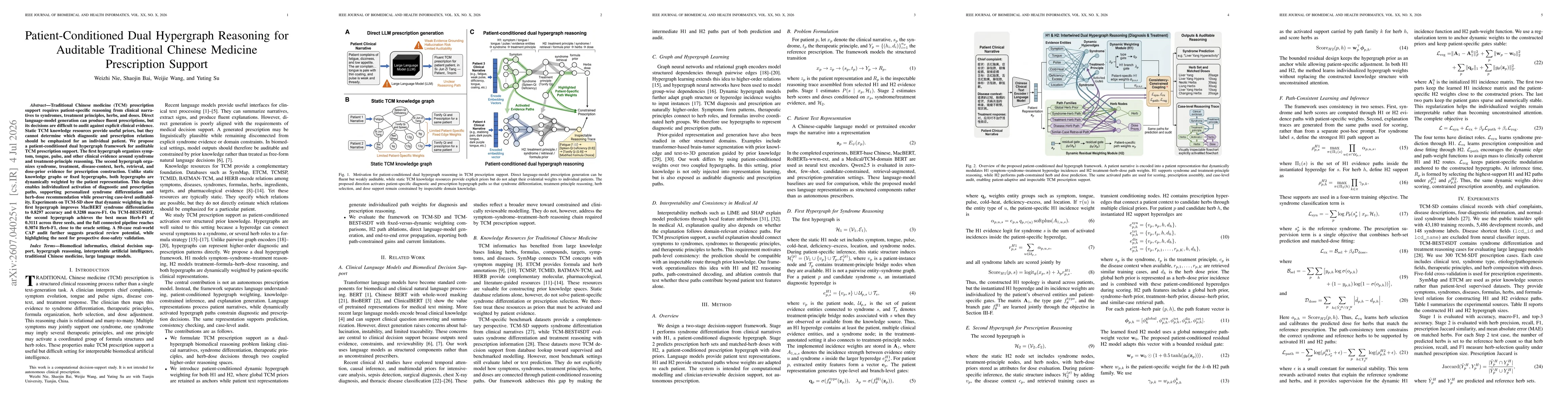 Thumbnail for Patient-Conditioned Dual Hypergraph Reasoning for Auditable Traditional Chinese Medicine Prescription Support