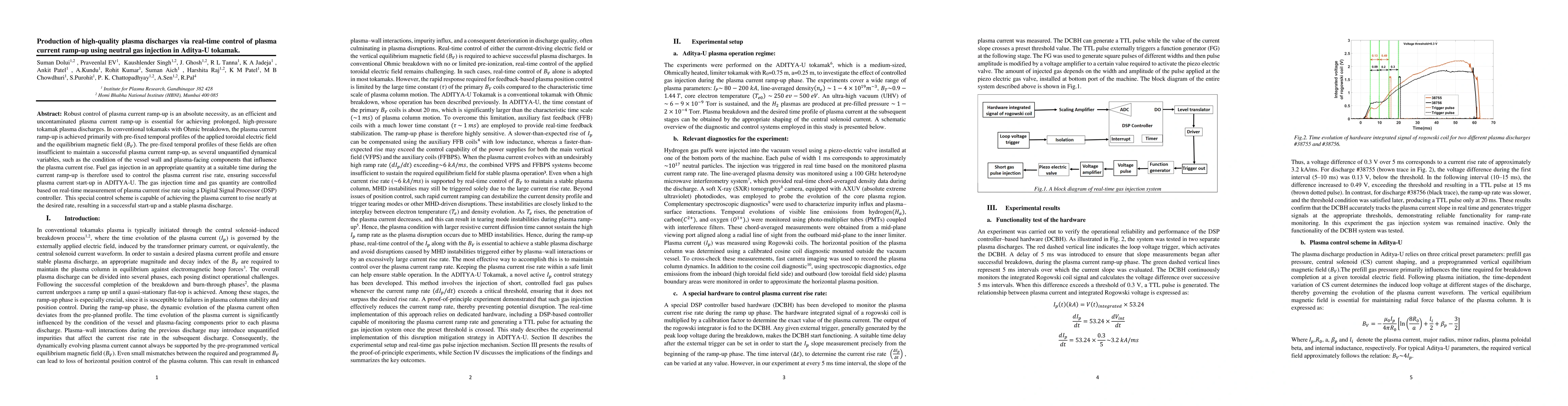 Thumbnail for Production of high-quality plasma discharges via real-time control of plasma current ramp-up using neutral gas injection in Aditya-U tokamak
