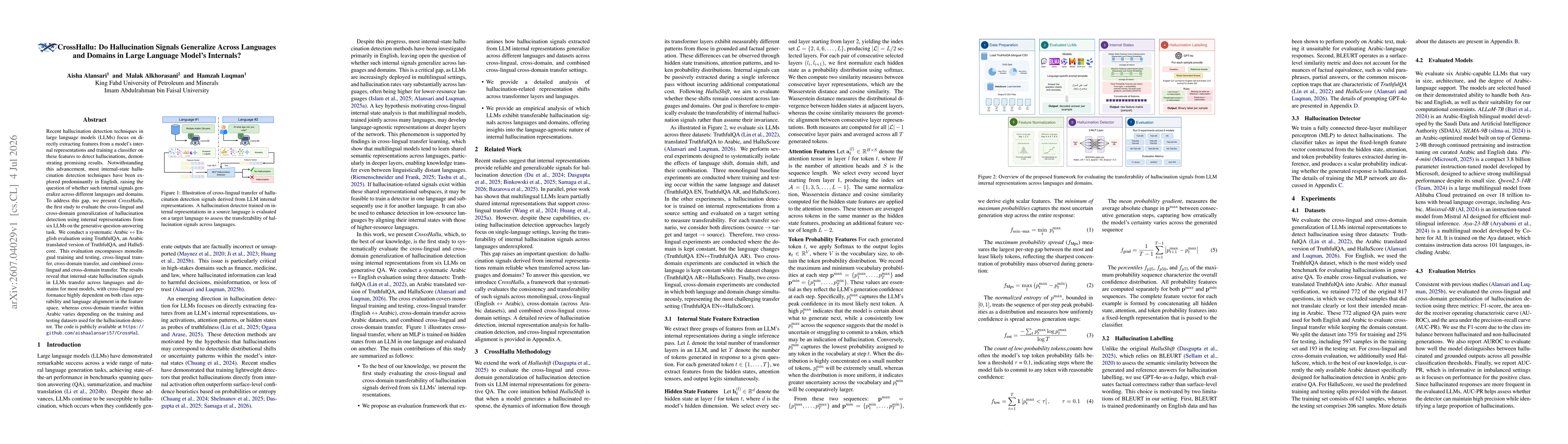 Thumbnail for CrossHallu: Do Hallucination Signals Generalize Across Languages and Domains in Large Language Model's Internals?