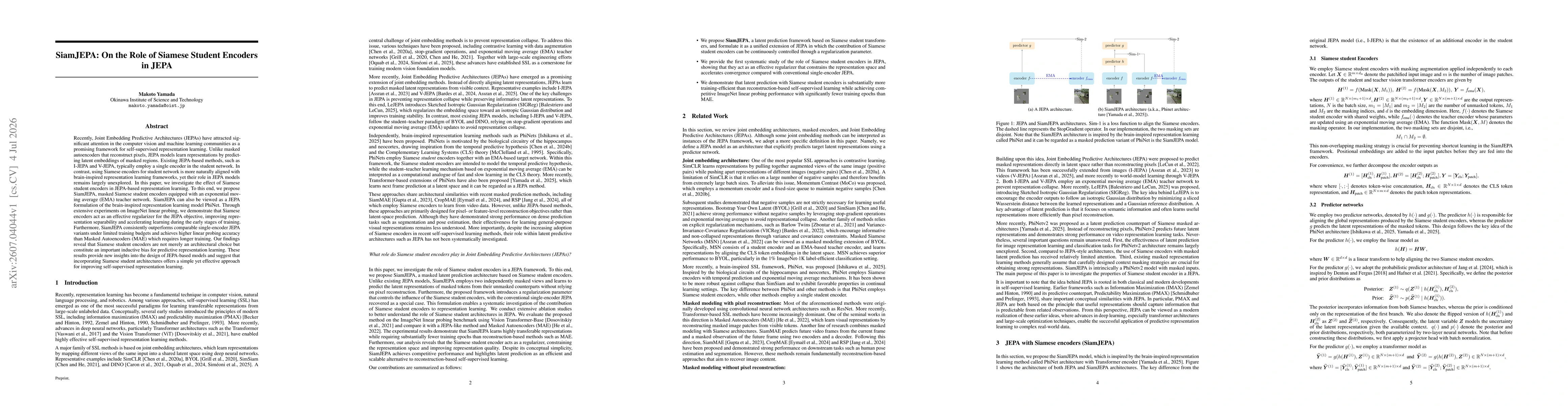 Thumbnail for SiamJEPA: On the Role of Siamese Student Encoders in JEPA