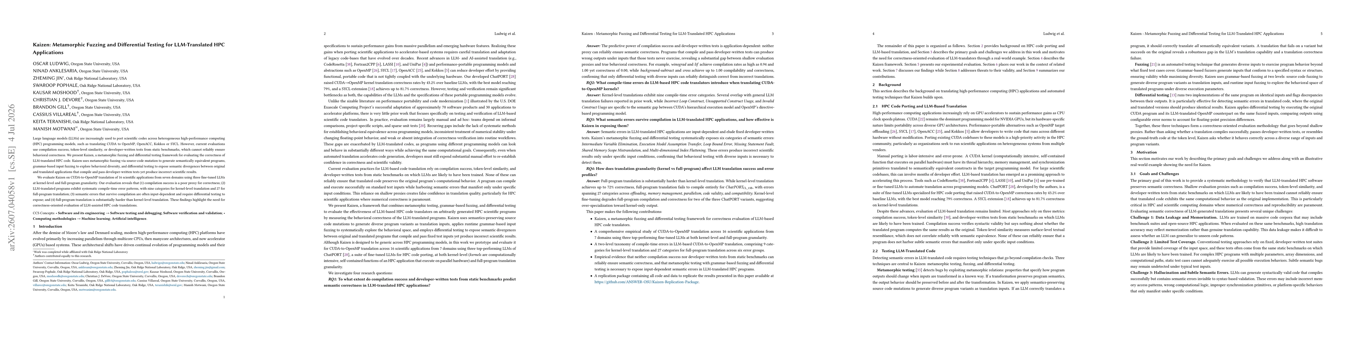 Thumbnail for Kaizen: Metamorphic Fuzzing and Differential Testing for LLM-Translated HPC Applications