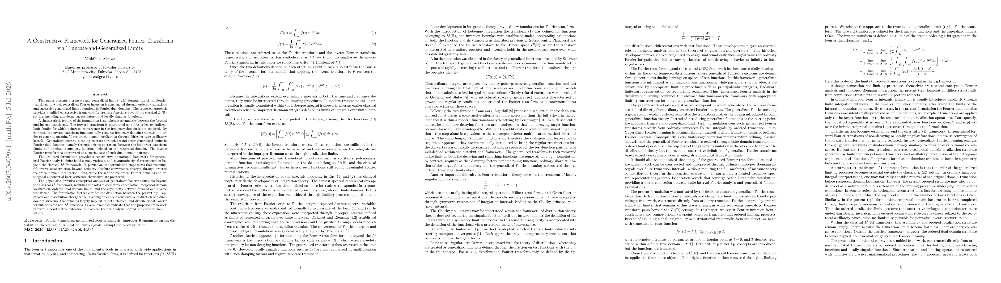 Thumbnail for A Constructive Framework for Generalized Fourier Transforms via Truncate-and-Generalized Limits
