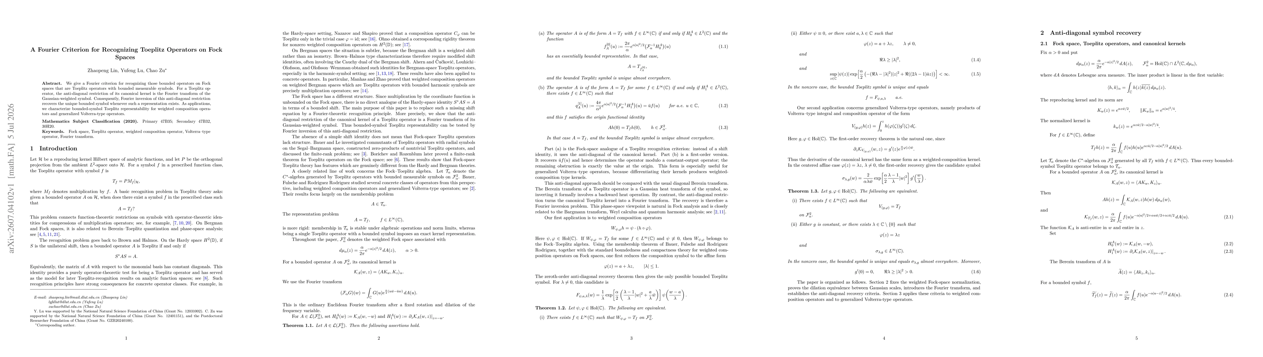 Thumbnail for A Fourier Criterion for Recognizing Toeplitz Operators on Fock Spaces