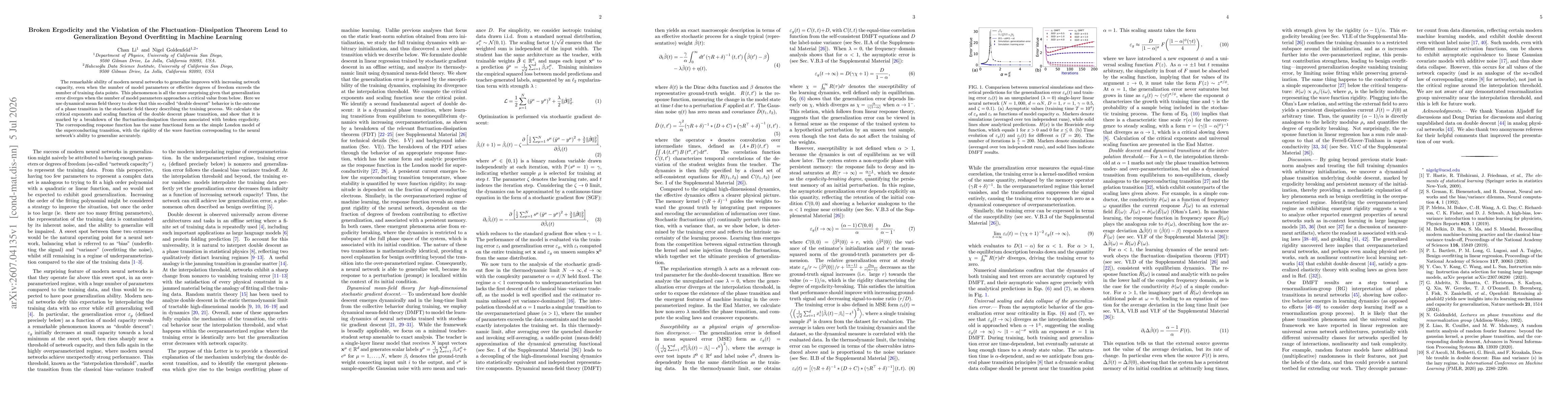 Thumbnail for Broken Ergodicity and the Violation of the Fluctuation-Dissipation Theorem Lead to Generalization Beyond Overfitting in Machine Learning
