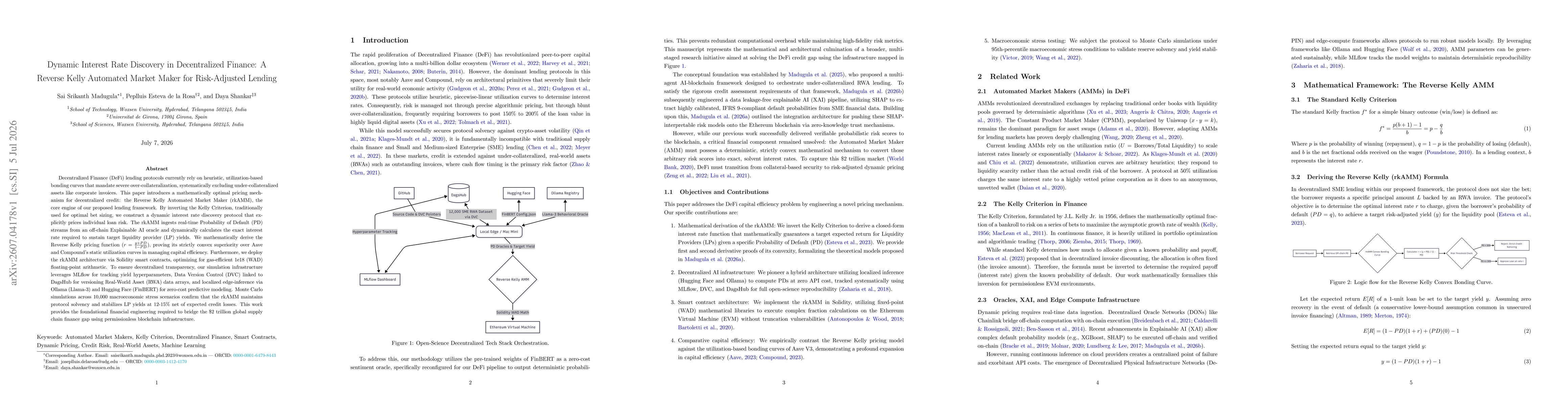 Thumbnail for Dynamic Interest Rate Discovery in Decentralized Finance: A Reverse Kelly Automated Market Maker for Risk-Adjusted Lending