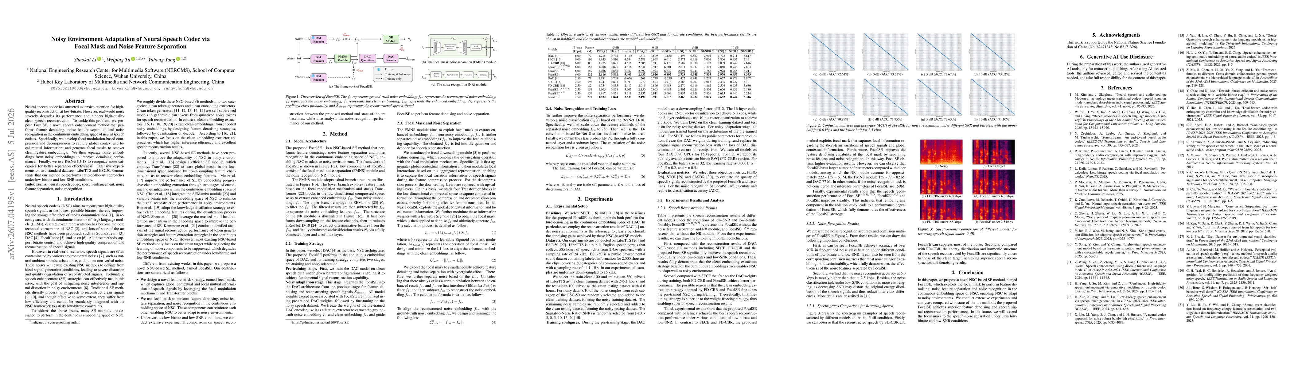 Thumbnail for Noisy Environment Adaptation of Neural Speech Codec via Focal Mask and Noise Feature Separation
