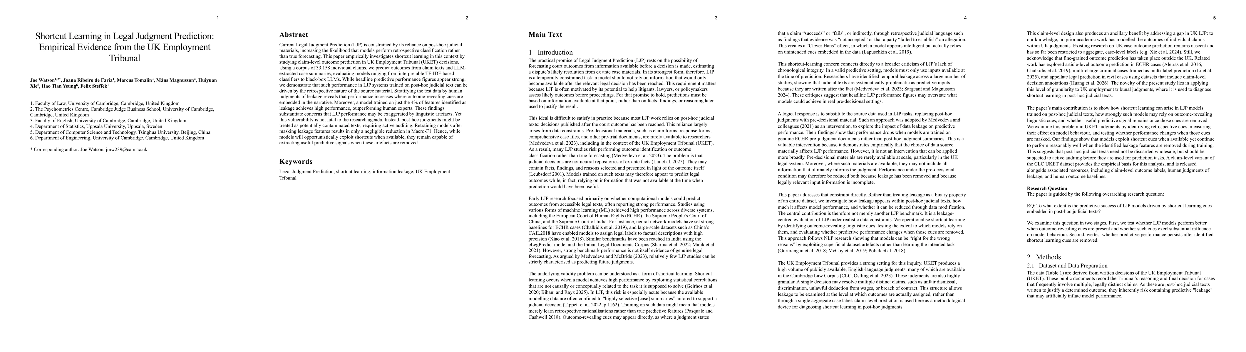Thumbnail for Shortcut Learning in Legal Judgment Prediction: Empirical Evidence from the UK Employment Tribunal