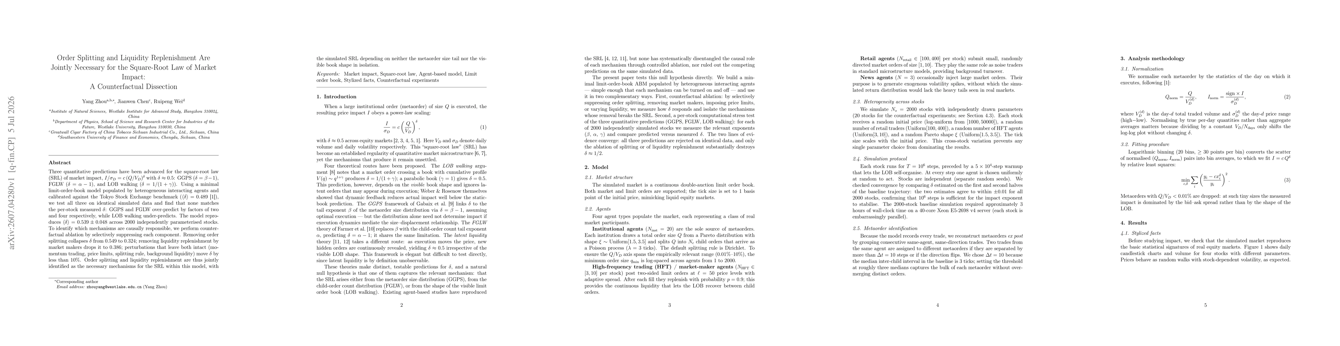 Thumbnail for Order Splitting and Liquidity Replenishment Are Jointly Necessary for the Square-Root Law of Market Impact: