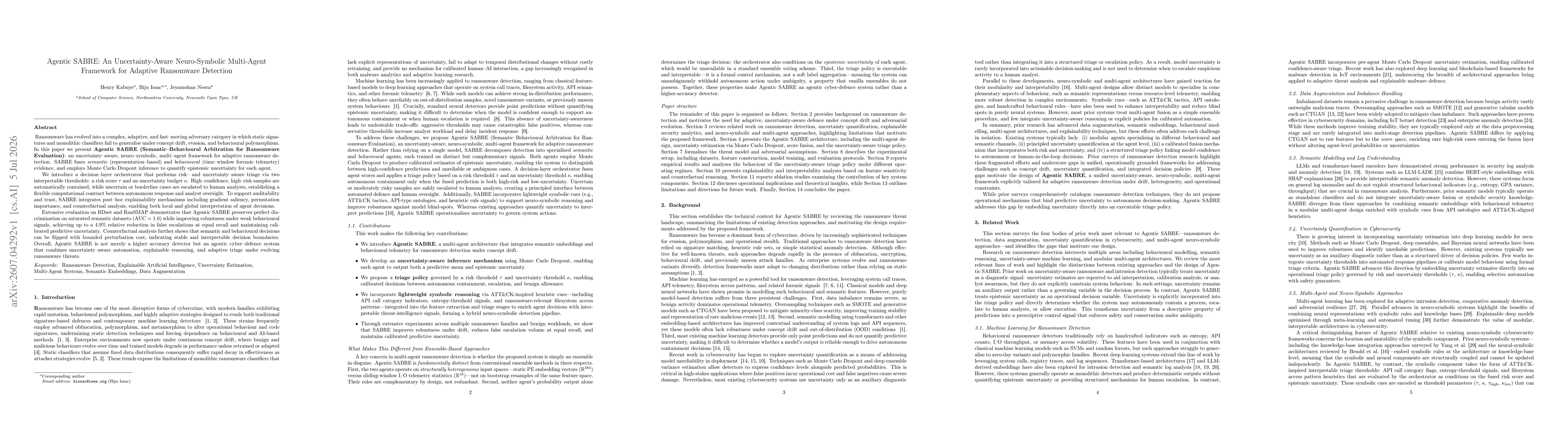 Thumbnail for Agentic SABRE: An Uncertainty-Aware Neuro-Symbolic Multi-Agent Framework for Adaptive Ransomware Detection