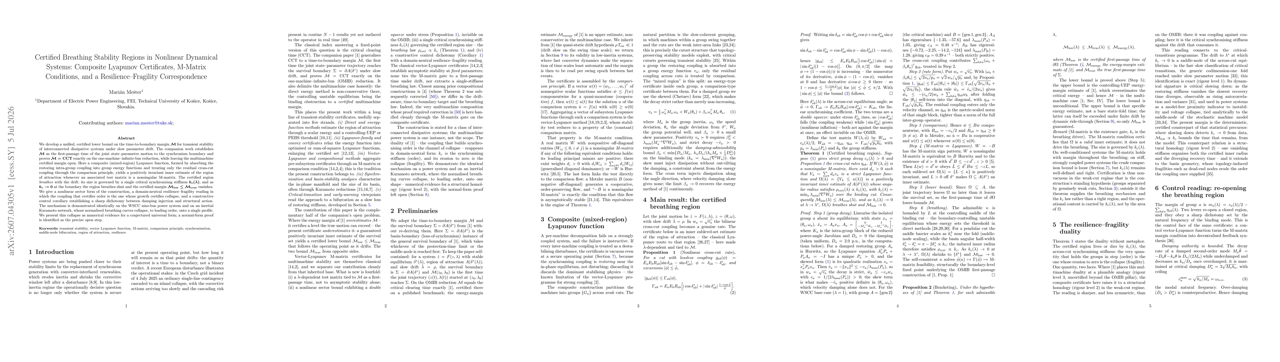 Thumbnail for Certified Breathing Stability Regions in Nonlinear Dynamical Systems: Composite Lyapunov Certificates, M-Matrix Conditions, and a Resilience-Fragility Correspondence