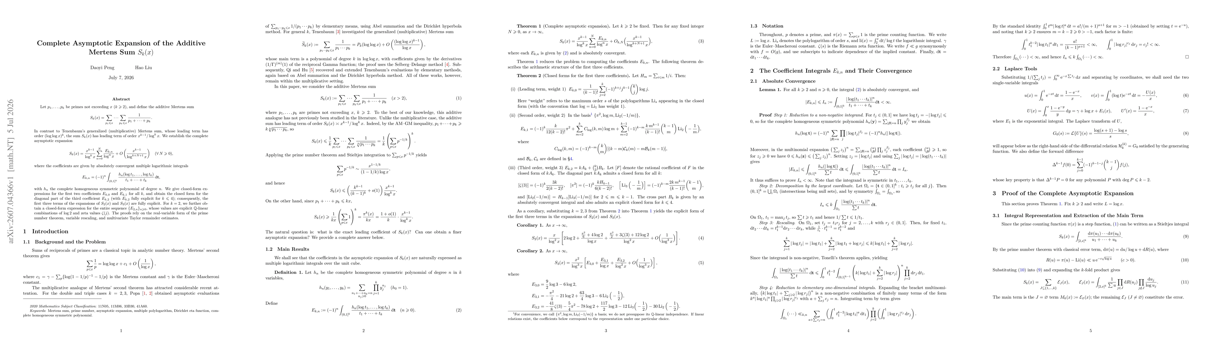 Thumbnail for Complete Asymptotic Expansion of the Additive Mertens Sum $S_k(x)$