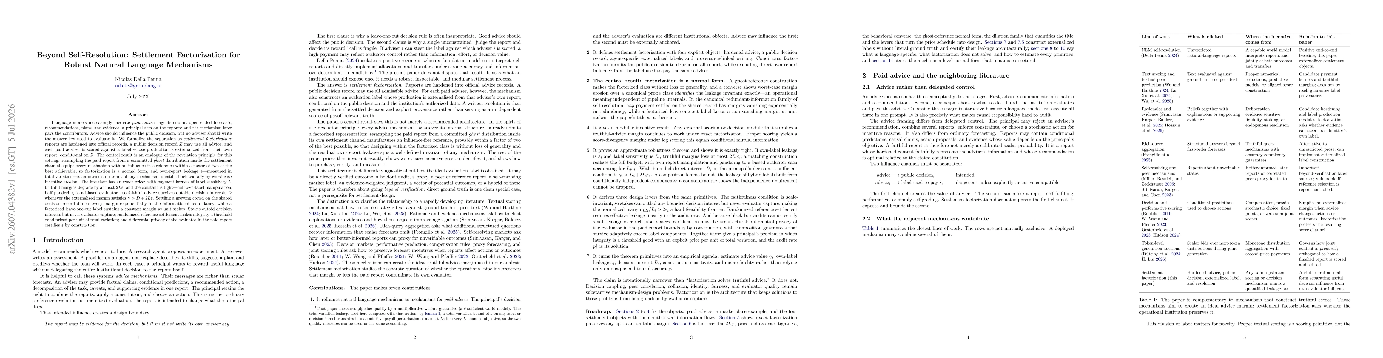Thumbnail for Beyond Self-Resolution: Settlement Factorization for Robust Natural Language Mechanism